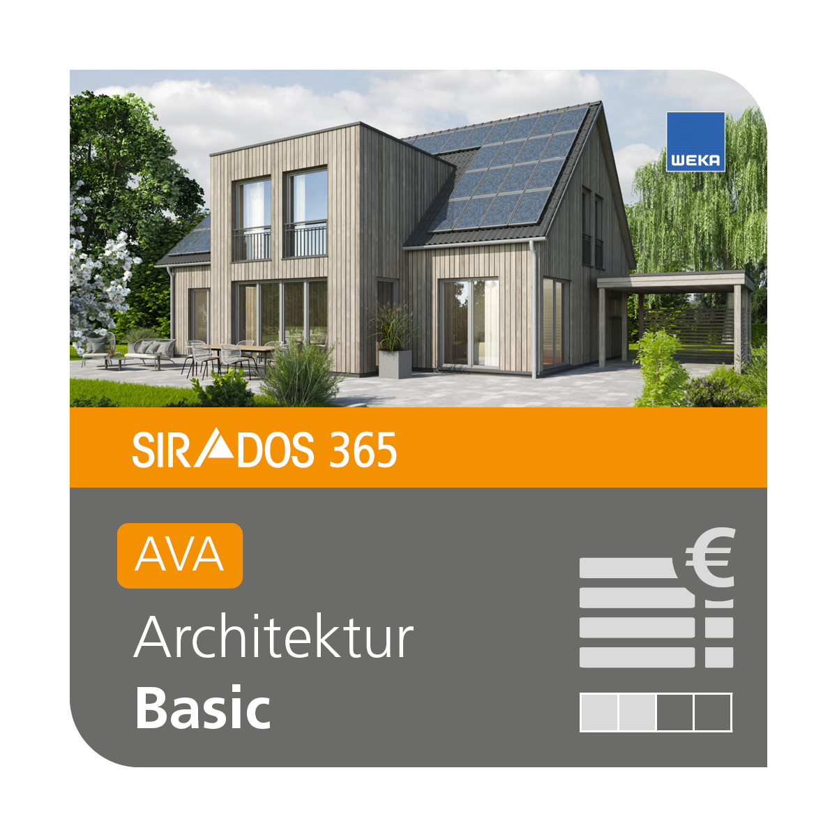 Produktabbildung von SIRADOS 365 AVA Basic: Online-Version für Architekten, dargestellt mit einem modernen Holzhaus sowie dem Produktnamen