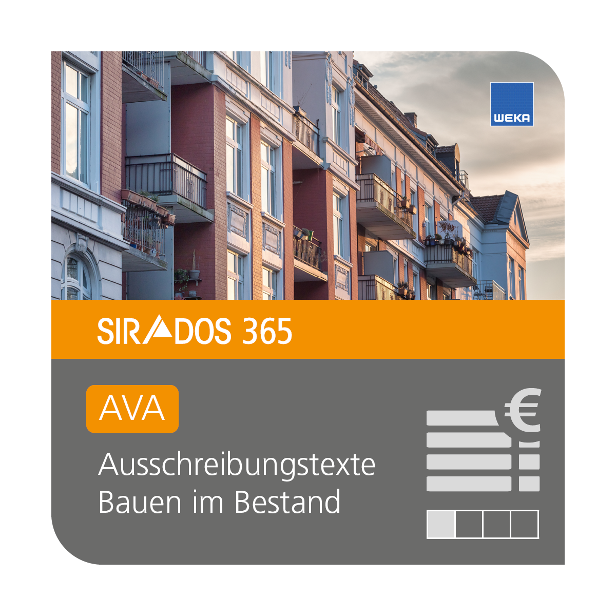 Produktabbildung von SIRADOS 365 AVA Altbau: Online-Version für Architekten, dargestellt mit Altbau Gebäuden und Text mit dem Produktnamen