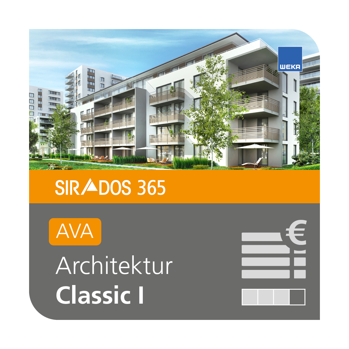 Produktabbildung der Online-Software AVA Classic I von SIRADOS für Altbau, Neubau und Tiefbau dargestellt mit einem modernen Mehrfamilienhaus sowie dem Produkttitel