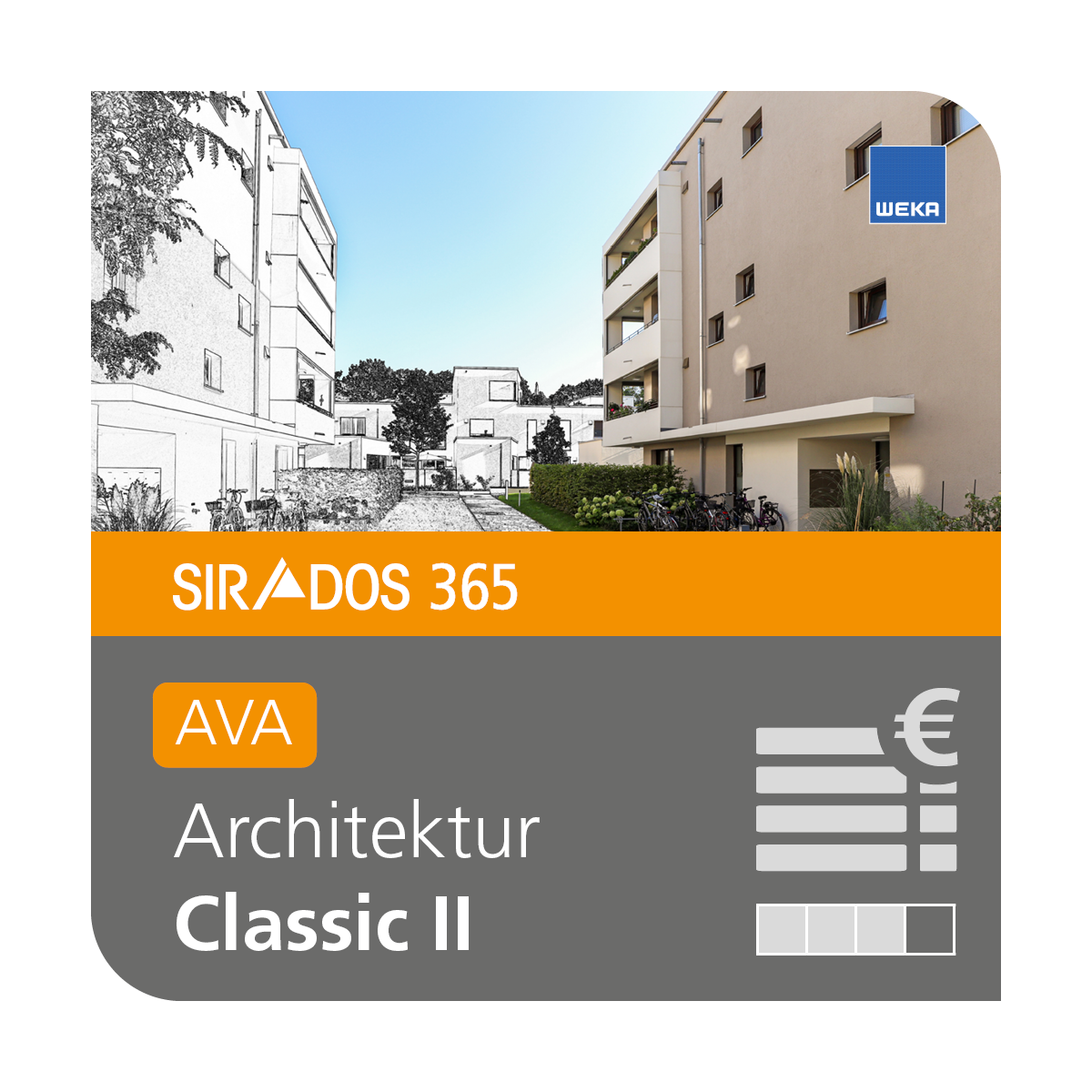 Produktabbildung der Online-Software AVA Classic II von SIRADOS für Altbau, Neubau und Technik dargestellt mit Wohngebäuden sowie dem Produkttitel