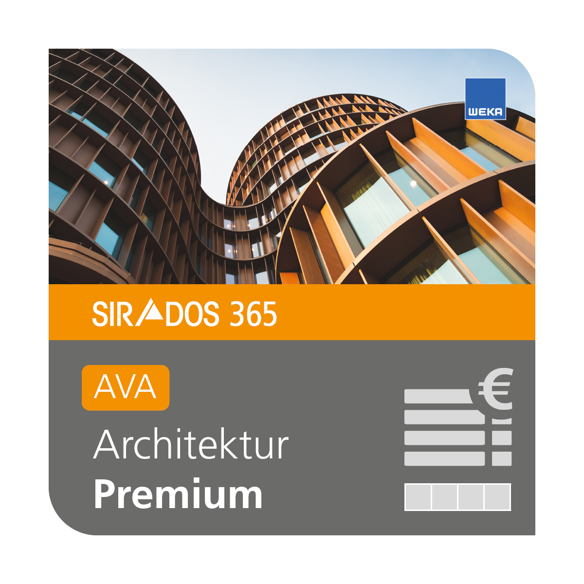 Produktabbildung der Online-Software AVA Premium von SIRADOS für alle Bereiche dargestellt mit einem modernen Gebäude sowie dem Produkttitel