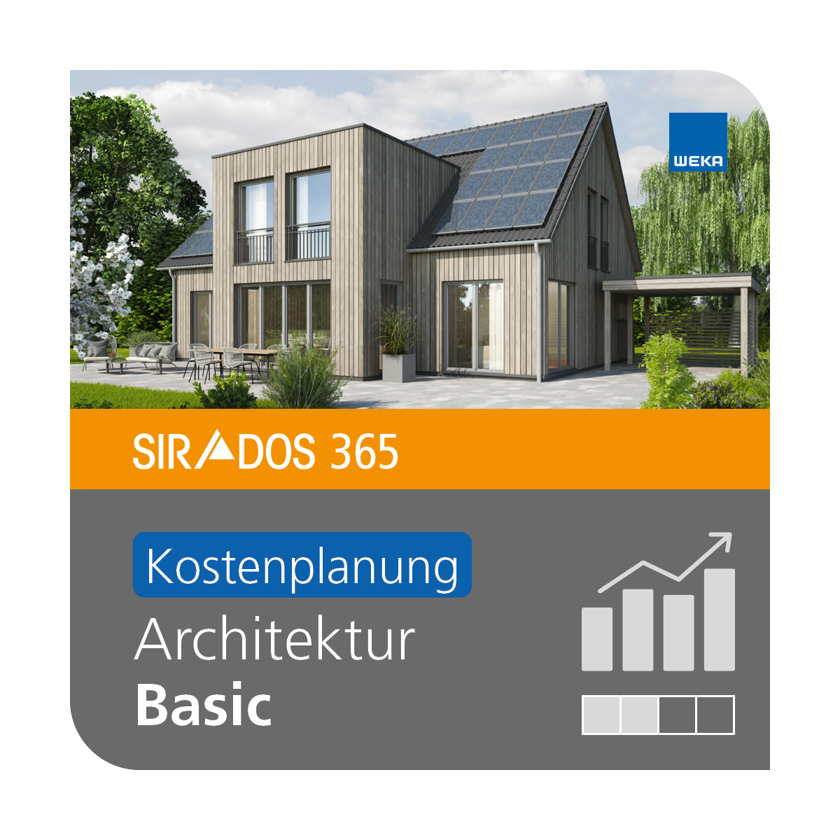 Produktabbildung von SIRADOS 365 Architektur Basic inkl. Kostenplanung: Online-Version für Architekten, dargestellt mit einem modernen Haus.