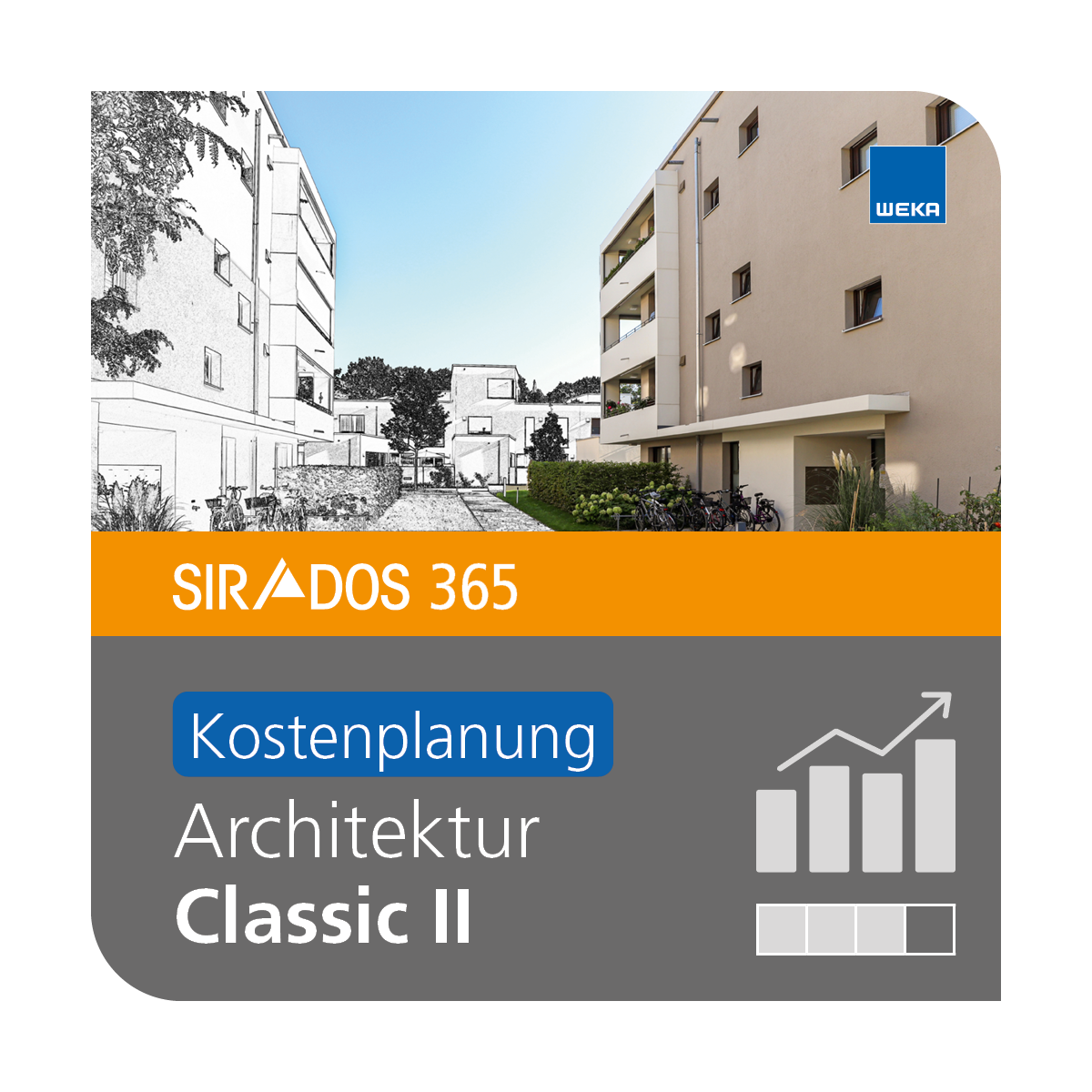 Produktabbildung von SIRADOS 365 Architektur Classic II inkl. Kostenplanung: Online-Version für Architekten, dargestellt mit einer Wohnsiedlung und Text mit dem Produktnamen