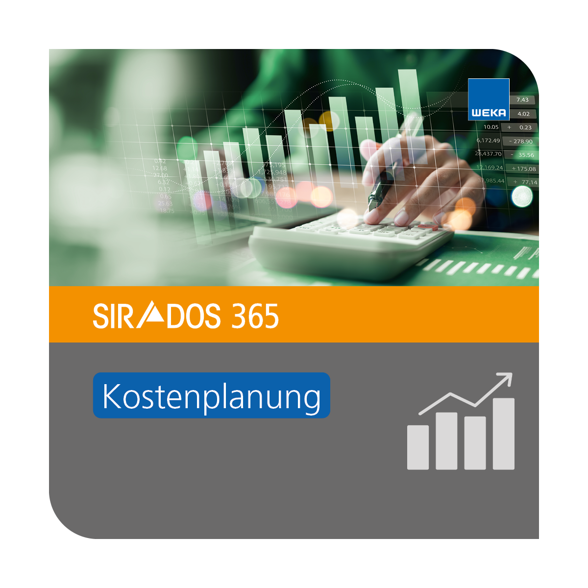 SIRADOS 365 Kostenplanungspakete - Cover mit einem Taschenrechner auf dem getippt wird und ein grünes Balkendiagramm mit Zahlen sowie dem Produktnamen SIRADOS 365 Kostenplanung.