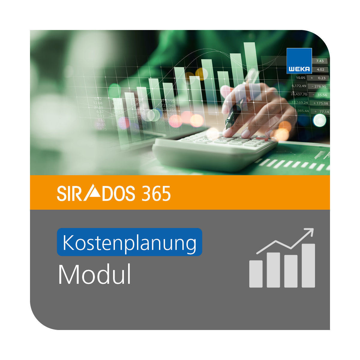 Produktabbildung des Moduls SIRADOS 365 Kostenplanung: Ergänzung des Moduls Kostenplanung zu den Datenpaketen als Online-Version für Architekten und Planer, dargestellt mit einem Taschenrechner