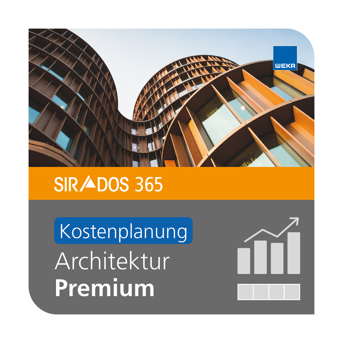 Produktabbildung von SIRADOS 365 Architektur Premium inkl. Kostenplanung: Online-Version für Architekten, dargestellt mit einem sehr modernen Gebäude und Text mit dem Produktnamen