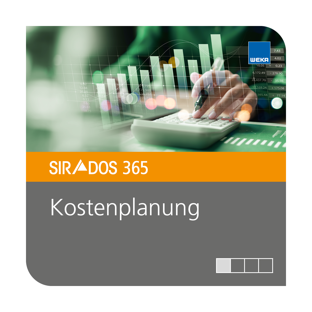 SIRADOS 365 Kostenplanungspakete - Cover mit einem Taschenrechner auf dem getippt wird und ein grünes Balkendiagramm mit Zahlen sowie dem Produktnamen SIRADOS 365 Kostenplanung.