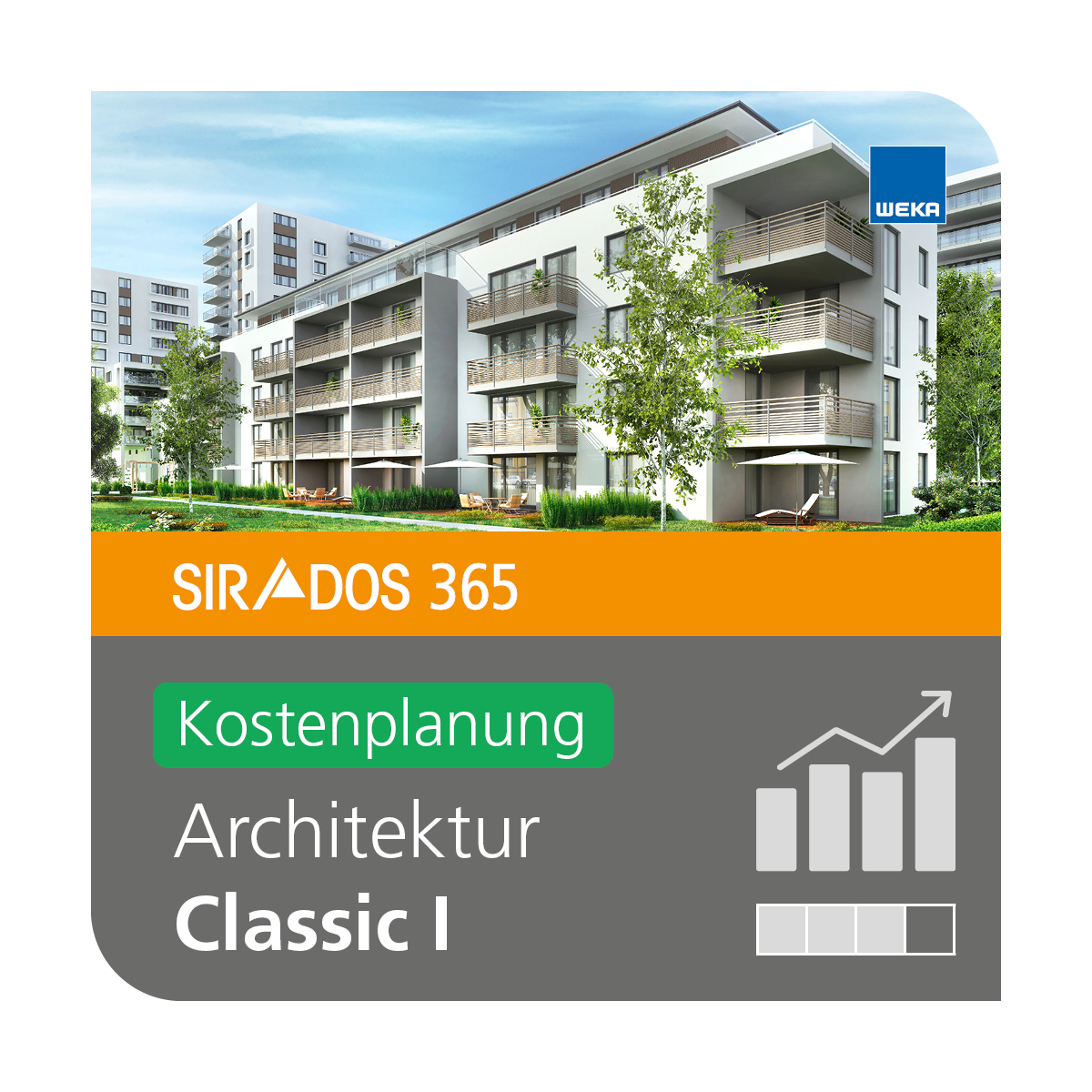 Produktabbildung von SIRADOS 365 Architektur Classic I inkl. Kostenplanung: Online-Version für Architekten, dargestellt mit einem modernen Mehrfamilienhaus.