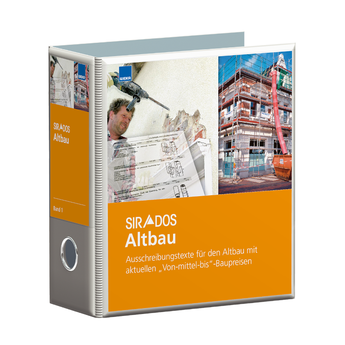 Produktabbildung des SIRADOS Praxishandbuchs Altbau dargestellt als Ordner mit einem Titelbild darauf, das einen Handwerker und ein im Bau befindliches Gebäude darstellt. Unter dem Titelbild erscheint der Titel "SIRADOS Altbau" mit einigen wichtigen Aufzä