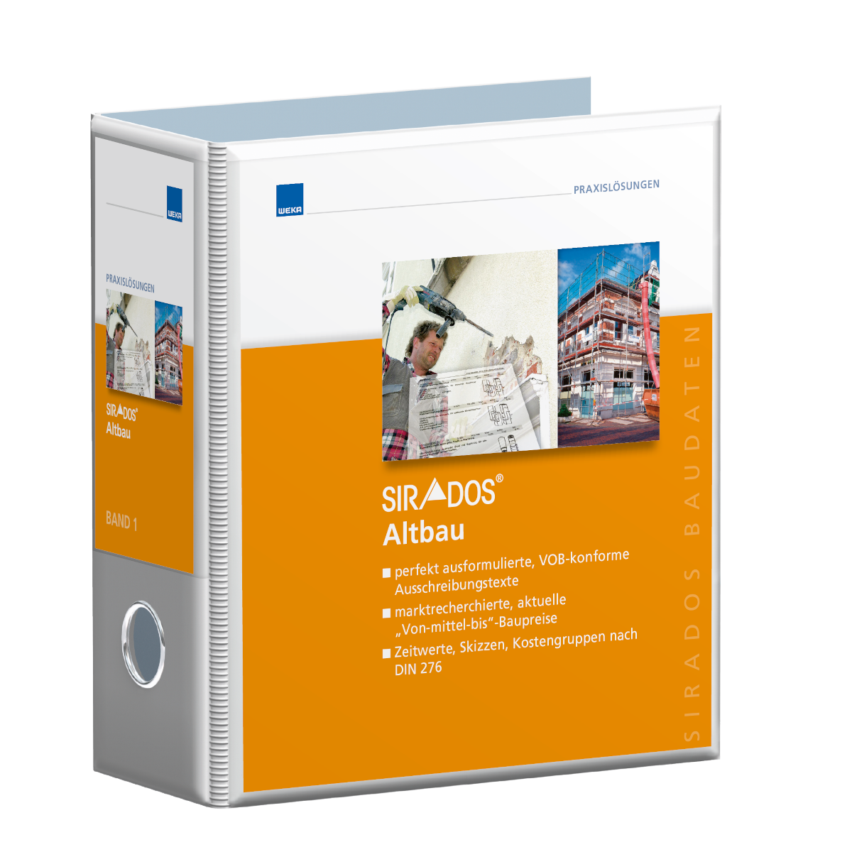 Produktabbildung des SIRADOS Praxishandbuchs Altbau dargestellt als Ordner mit einem Titelbild darauf, das einen Handwerker und ein im Bau befindliches Gebäude darstellt. Unter dem Titelbild erscheint der Titel "SIRADOS Altbau" mit einigen wichtigen Aufzä