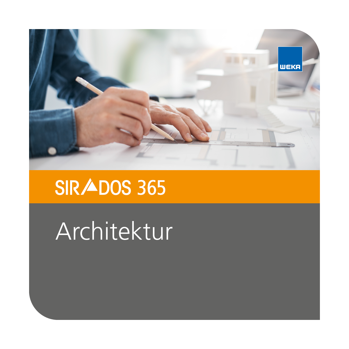 SIRADOS 365 Architekturpakete - Ausschreibungstexte für Architekten - Cover mit einem Architekten am Schreibtisch, der Pläne zeichnet und dem Produkttitel.