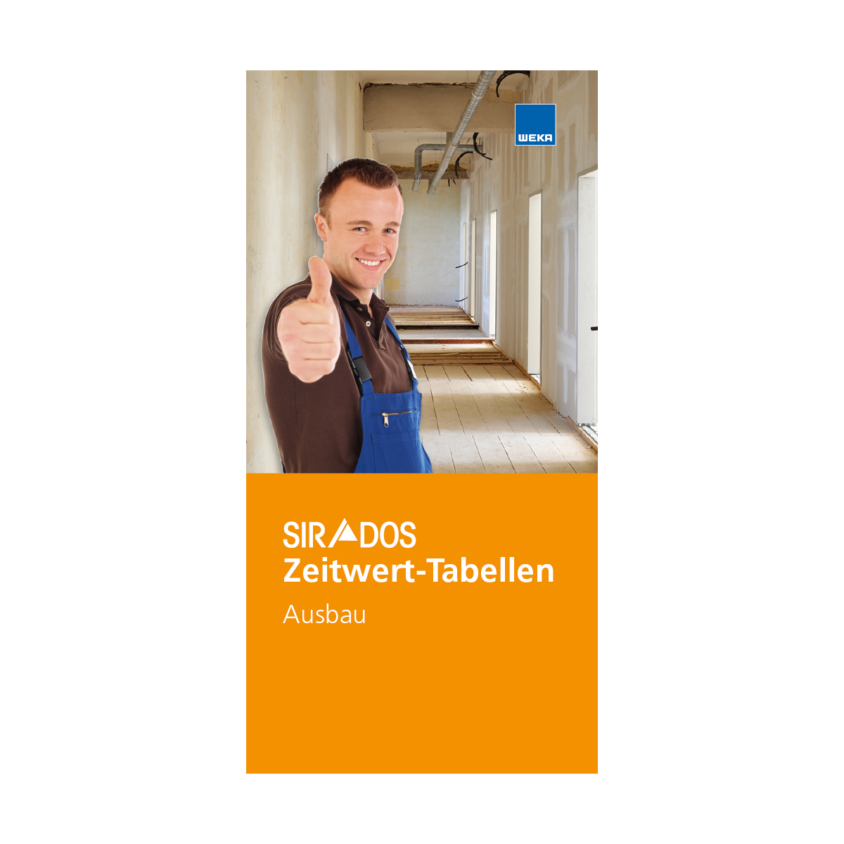 Zeitwerttabellen Ausbau als handliches Printwerk mit vorberechneten Arbeitszeitwerten für die betriebliche Kalkulation. Cover mit einem Handwerker in einem Rohbau.