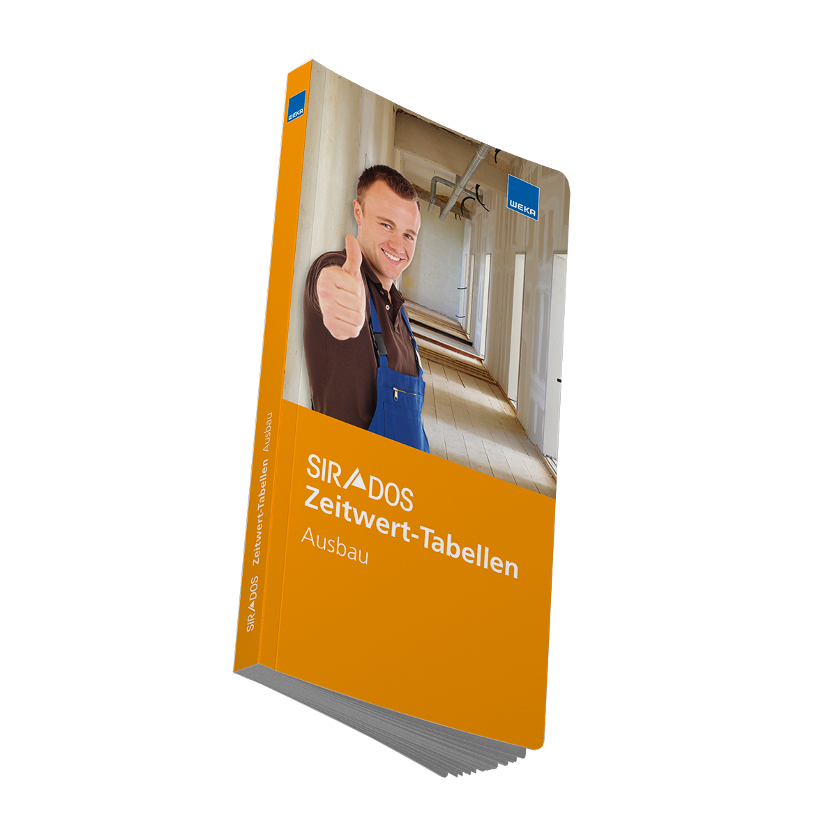 Zeitwerttabellen Ausbau als handliches Printwerk mit vorberechneten Arbeitszeitwerten für die betriebliche Kalkulation. Cover mit einem Handwerker in einem Rohbau.