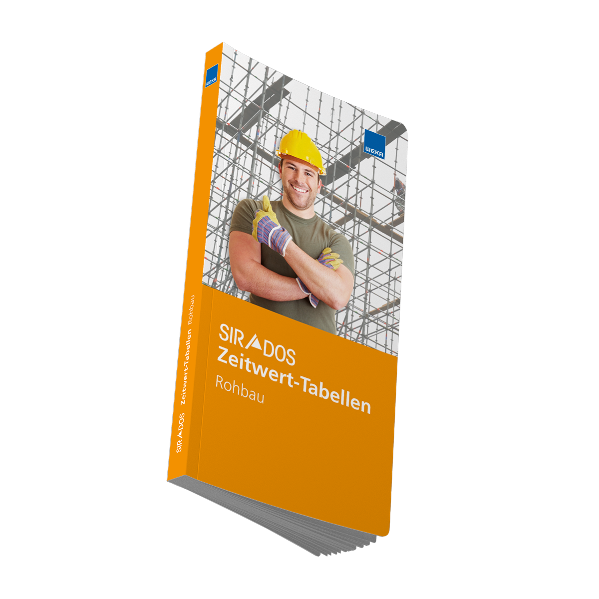 Zeitwerttabellen Rohbau als handliches Printwerk mit vorberechneten Arbeitszeitwerten für die betriebliche Kalkulation. Cover mit einem Handwerker mit gelbem Helm vor einem Gerüst.