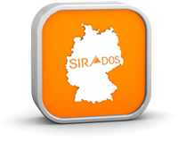 Orangefarbener quadratischer Button mit einer weißen Silhouette Deutschlands in der Mitte. Innerhalb der Silhouette ist das Wort „SIRADOS“ geschrieben. Das Symbol steht für die SIRADOS Ortsfaktoren.