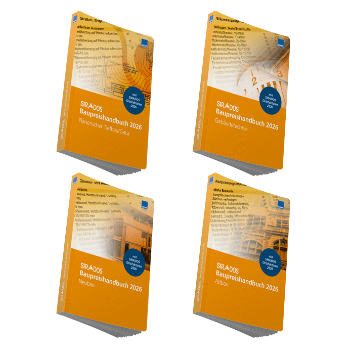 Produktabbildungen der SIRADOS Baupreishandbücher dargestellt als übereinanderliegene Cover